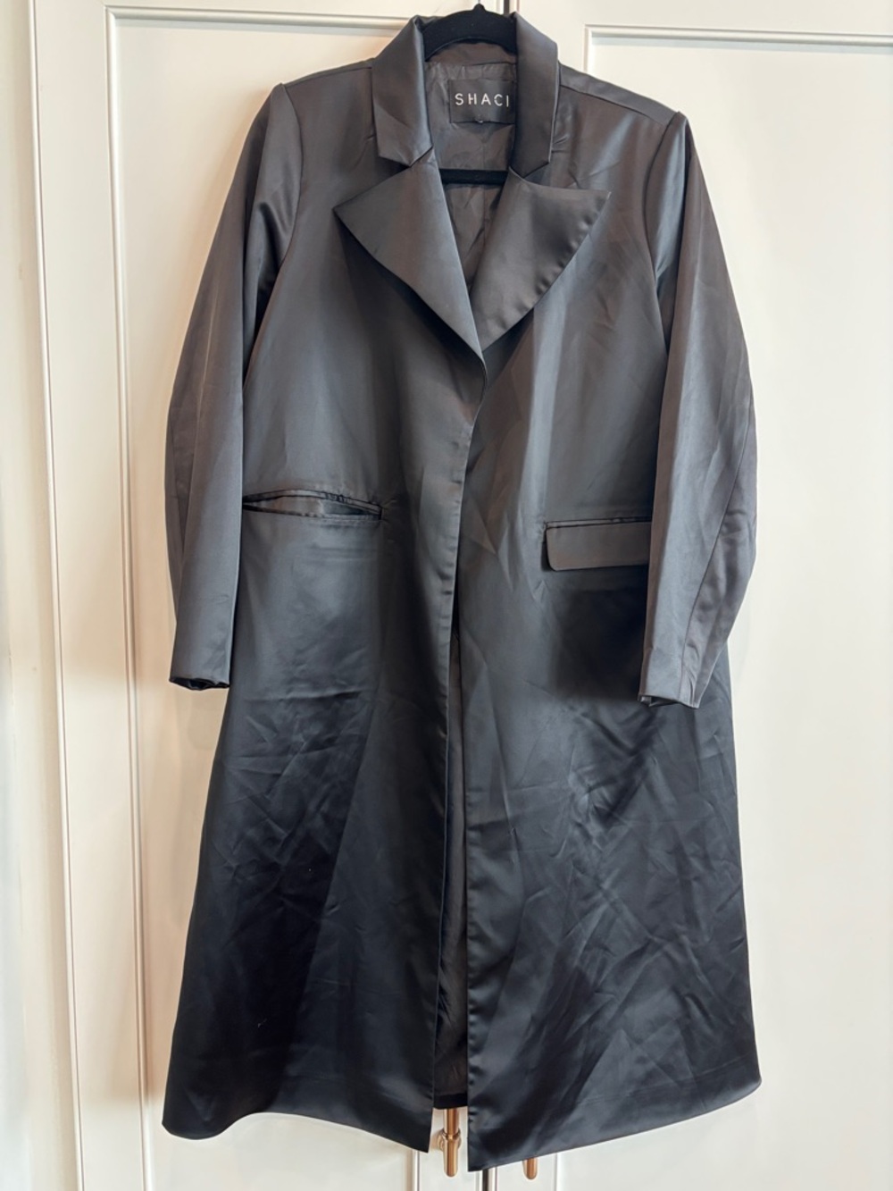 SACHI Black Satin Long Trench Coat